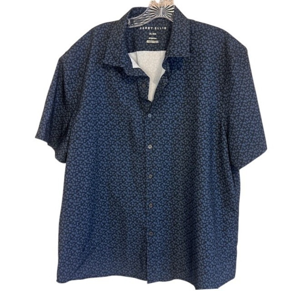 Perry Ellis Blue & Black Men's Button Up Short Sleeve Shirt XL‎ Soft